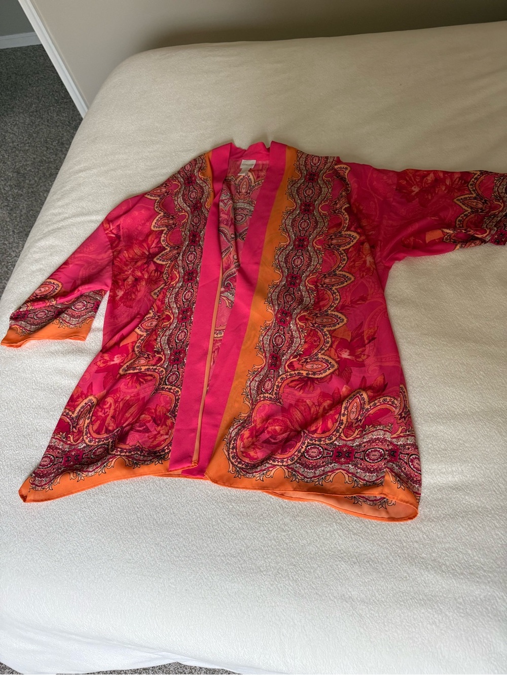 CHICOS Pink and Orange Paisley Open Kimono Cardigan